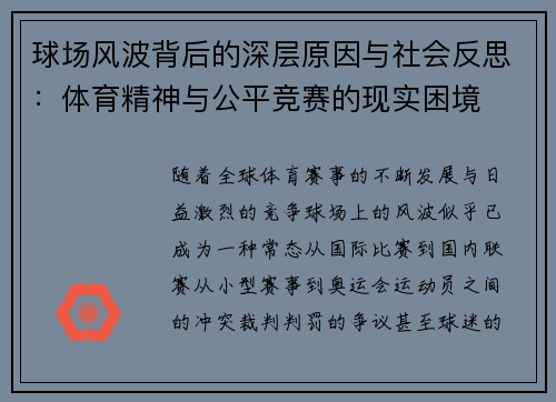 球场风波背后的深层原因与社会反思：体育精神与公平竞赛的现实困境